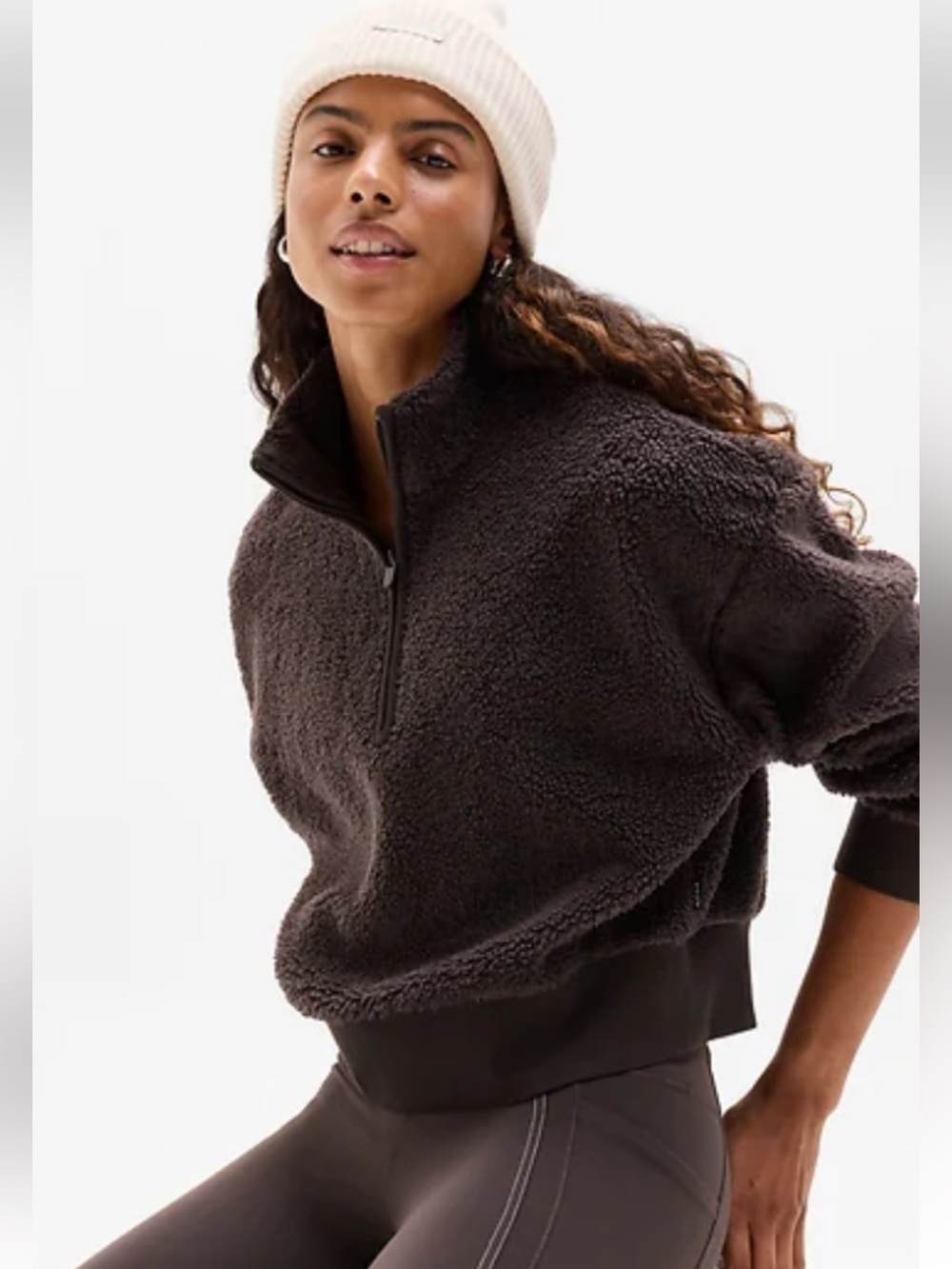 Athleta Dark Brown In The Clouds Sherpa Quarter-Zip Pullover Sweatshirt Sz Med